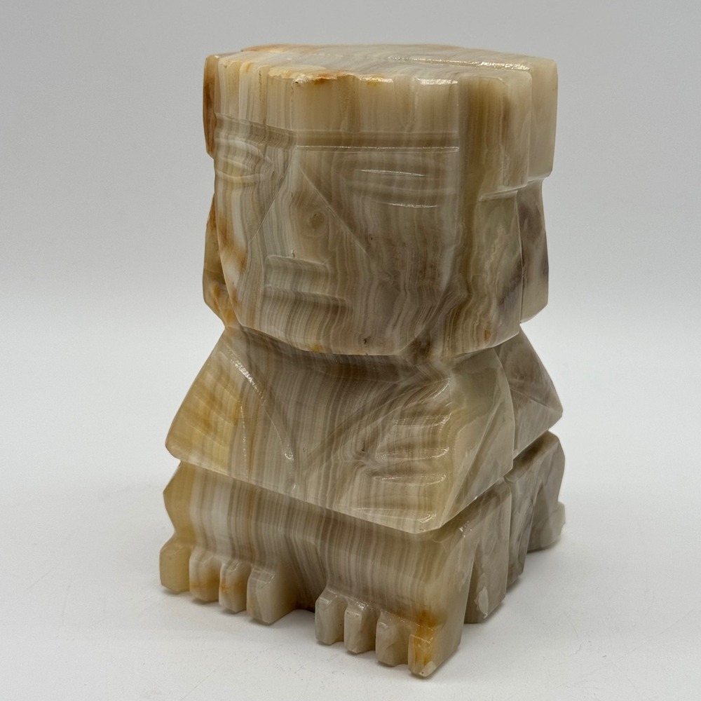 Vintage Mexican Carved Banded Onyx Aztec Mayan Head Totem Bookends Heavy Pair